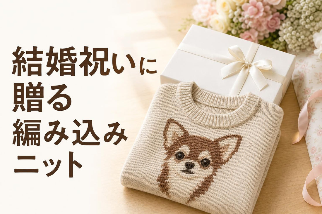 明るいリビングのテーブルに、白いギフトボックスと一緒に、犬のシルエット柄が編み込まれたベージュのニットセーターが丁寧に畳んで置かれている俯瞰気味のクローズアップ。ボックスには小さなリボンがかかっている。柄が印刷ではなく編み目でできていることが質感からわかる程度に、生地の目を見せる。背景にぼんやりとした花や結婚祝いらしい包装紙の端が写り込み、お祝いの贈り物としての雰囲気を出す。柔らかい自然光、清潔感のある温かい色調