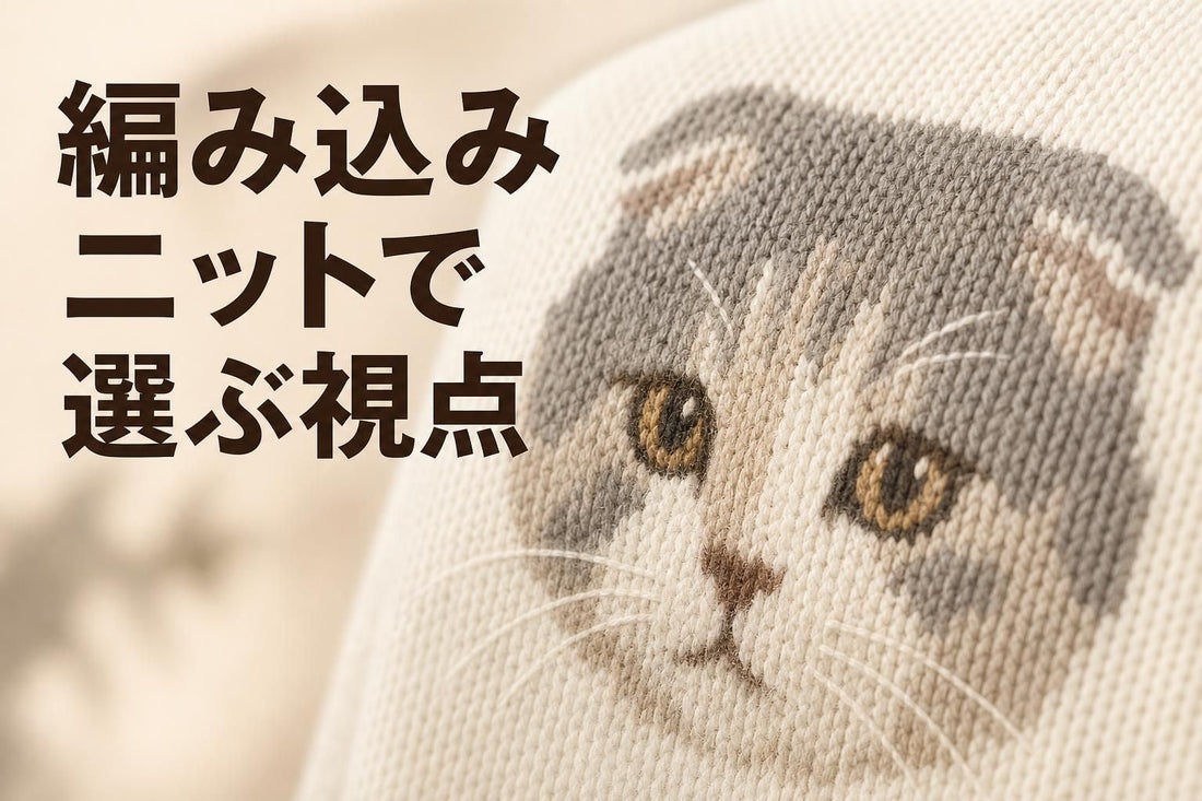白いニットセーターの肩から背中にかけて、スコティッシュフォールド(猫)の顔がインターシャニット製法で大きく編み込まれている部分にカメラを寄せたクローズアップ写真風のイメージ。柔らかい自然光が斜めから入り、糸の編み目の質感がはっきり分かる距離感。背景は室内をぼかして、主役は編み込まれた模様そのものに絞る。
