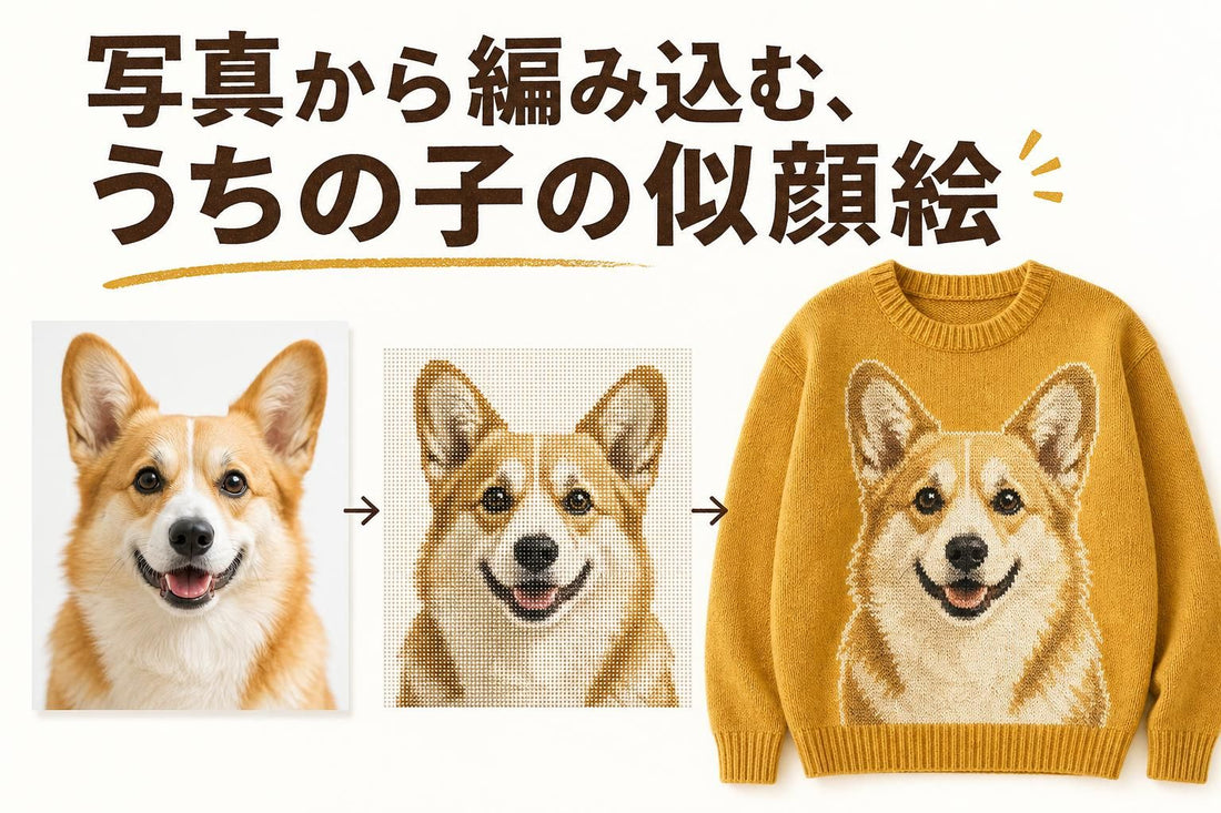 コーギーの写真が、似顔絵ニットになるまでの3段階を左から右へ並べた図