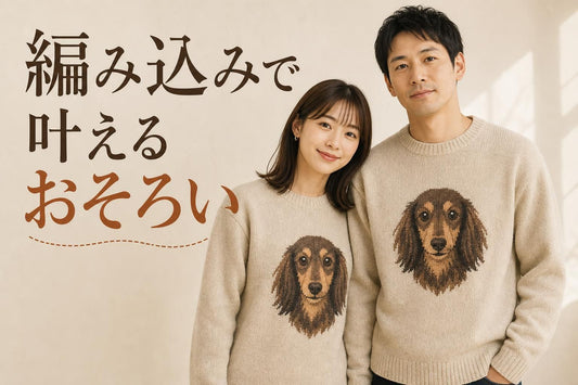 日本人男女二人がペアでうちの子ニットセーターを着用している