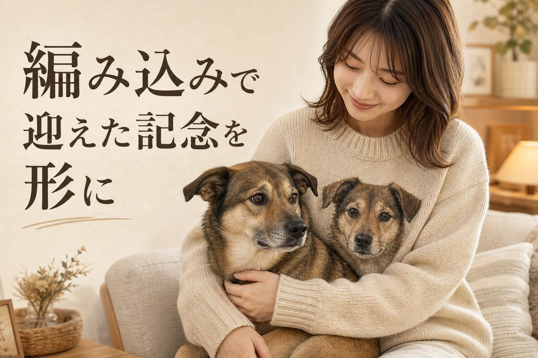 日本人女性が保護犬を抱きながらうちの子ニットセーターを着ている