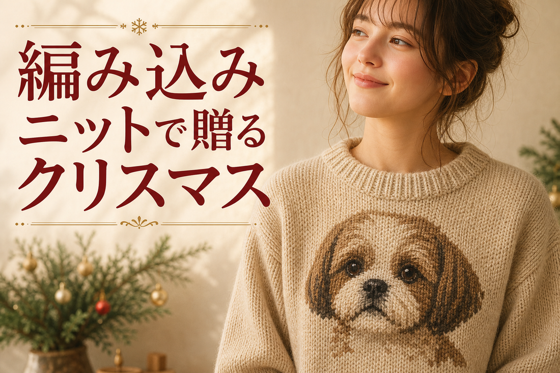 暖色系の柔らかい自然光の中、編み込みニットのセーターを着た人物を胸から上でとらえたポートレート風カット。セーターの胸元には犬(うちの子)の顔が編み込みで表現されており、プリントではなく糸そのもので柄が構成されていることが生地の質感からも伝わる。背景にはクリスマスを思わせる控えめな装飾(モミの小枝・小さなオーナメント)をぼかして配置し、主役はあくまでニットの編み込み表現。